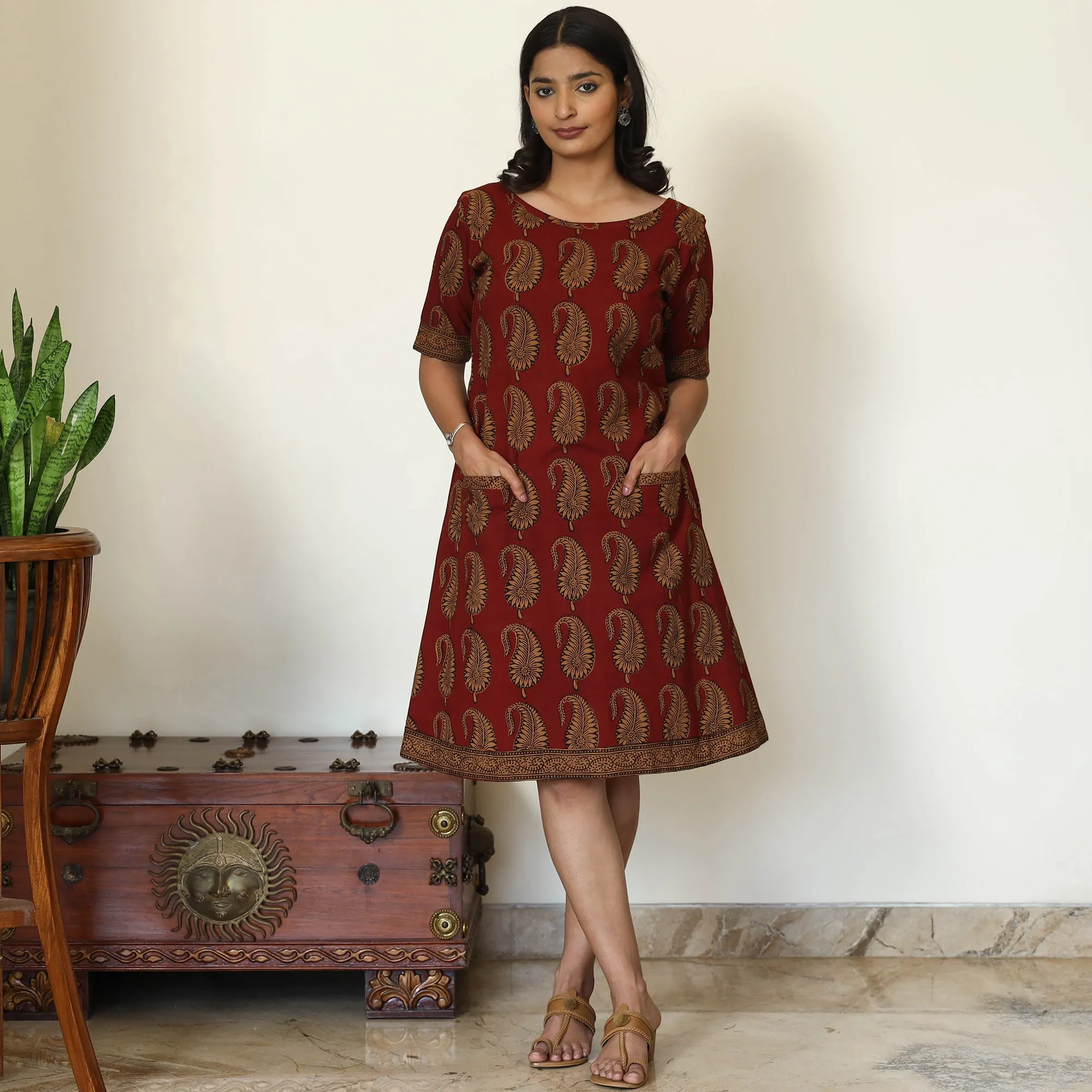 Red - Bagh Hand Block Printed Cotton Dress sold by Itokri product image thumbnail 2