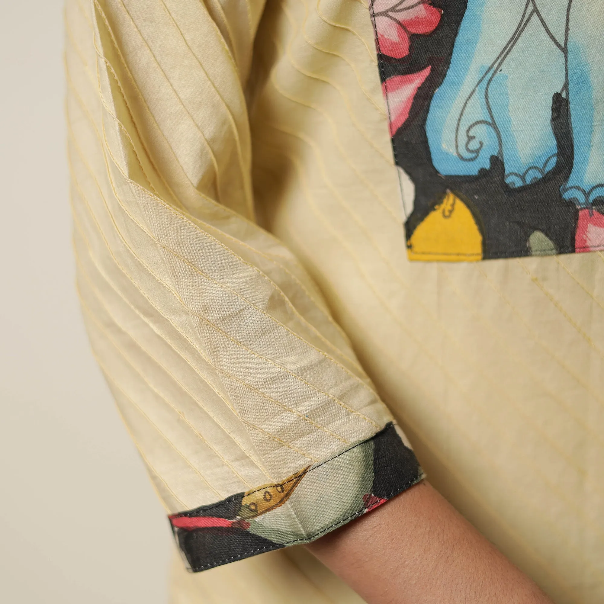 Beige - Srikalahasti Kalamkari Patchwork Pintuck Plain Cotton Straight Kurta 02 sold by Itokri product image thumbnail 5
