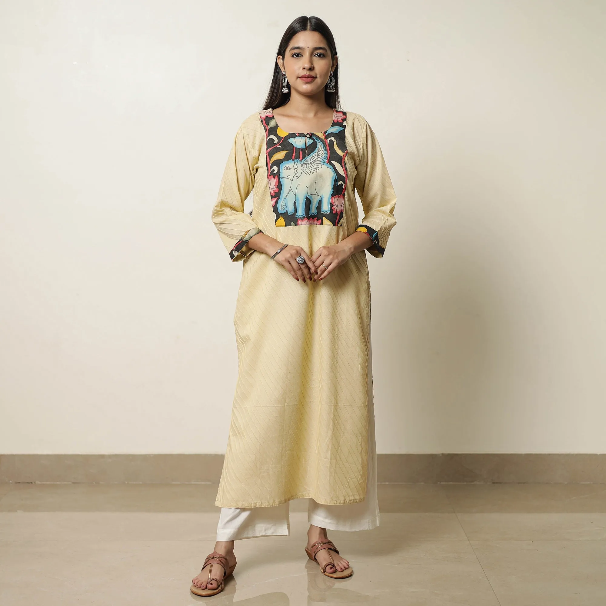 Beige - Srikalahasti Kalamkari Patchwork Pintuck Plain Cotton Straight Kurta 02 sold by Itokri