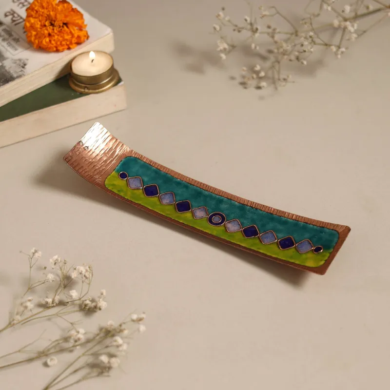 Copper Hand-Hammered Enamel Work Agarbatti Stand 02 made by Itokri