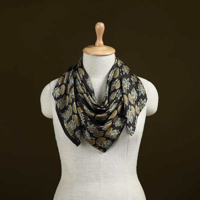 Black - Ajrakh Hand Block Print Natural Dyed Modal Silk Scarf 31 made by Itokri