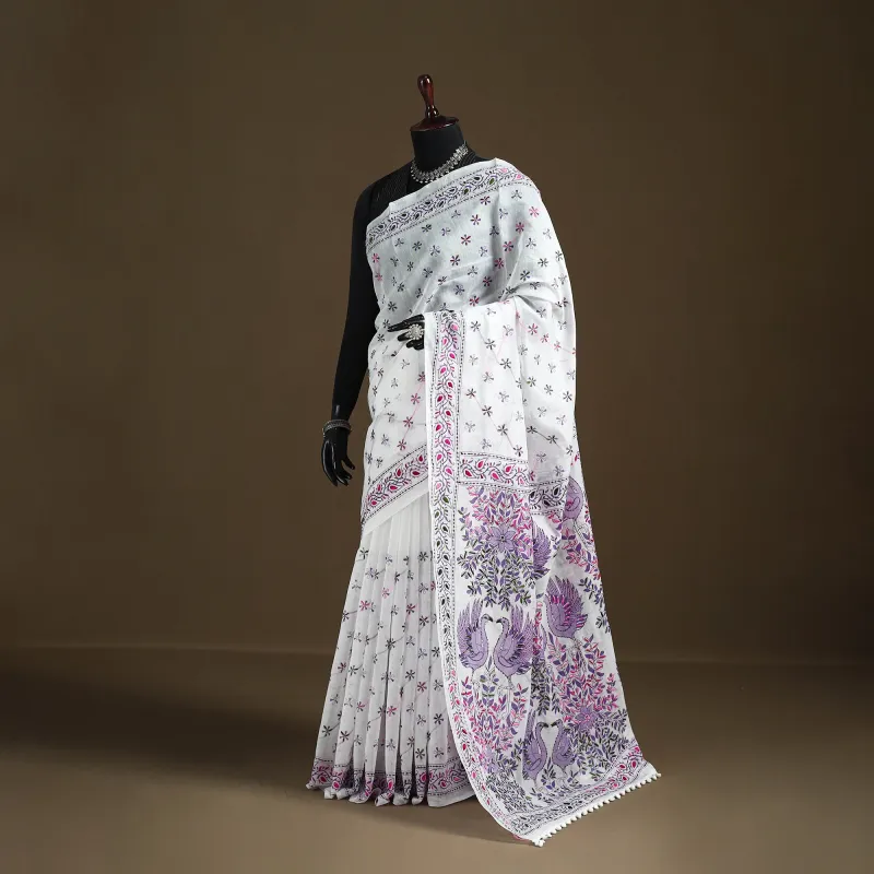 White - Phulkari Hand Embroidered Chanderi Silk Chapa Work Saree 15 made by Itokri