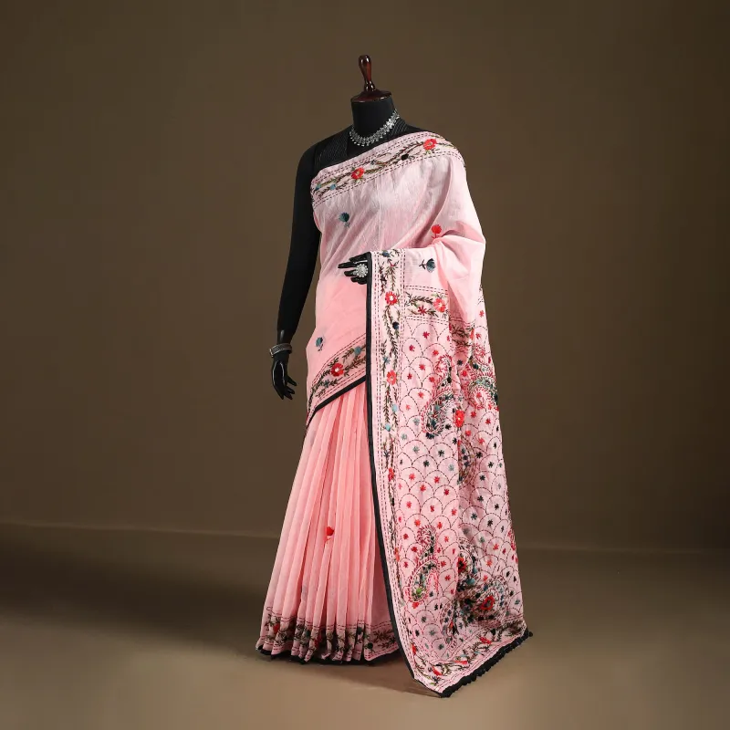 Pink - Phulkari Hand Embroidered Chanderi Silk Chapa Work Saree 11 made by Itokri