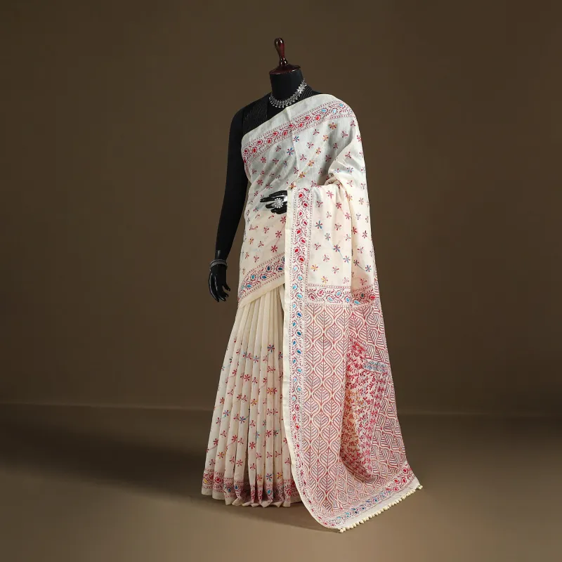 White - Phulkari Hand Embroidered Chanderi Silk Chapa Work Saree 10 made by Itokri