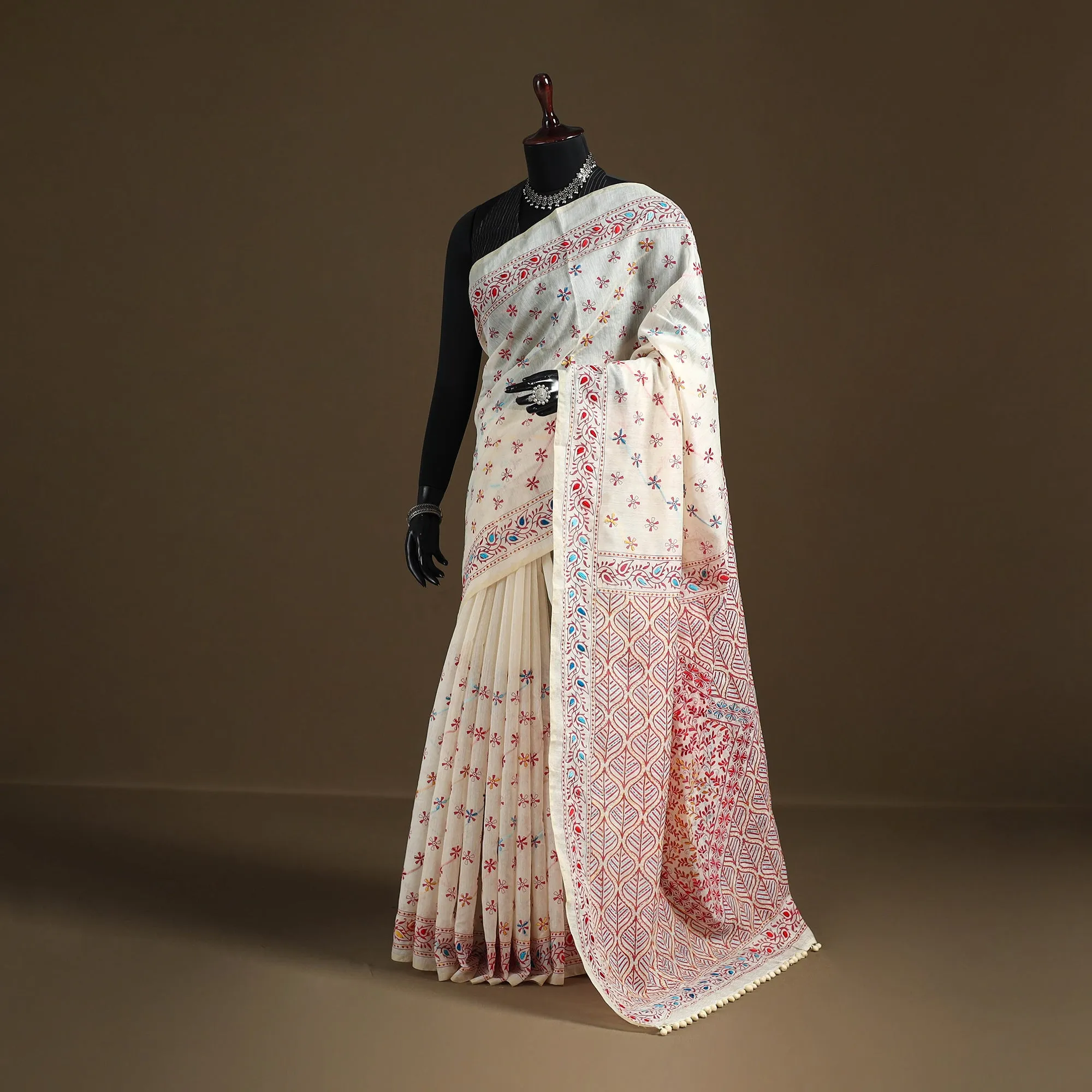 White - Phulkari Hand Embroidered Chanderi Silk Chapa Work Saree 10 sold by Itokri