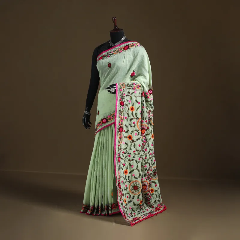 Green - Phulkari Hand Embroidered Chanderi Silk Chapa Work Saree 04 made by Itokri