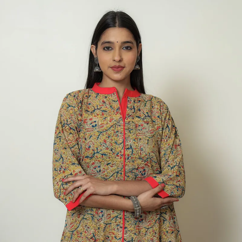 Yellow - Kalamkari Hand Block Printed Cotton A-Line Kurta 01 made by Itokri