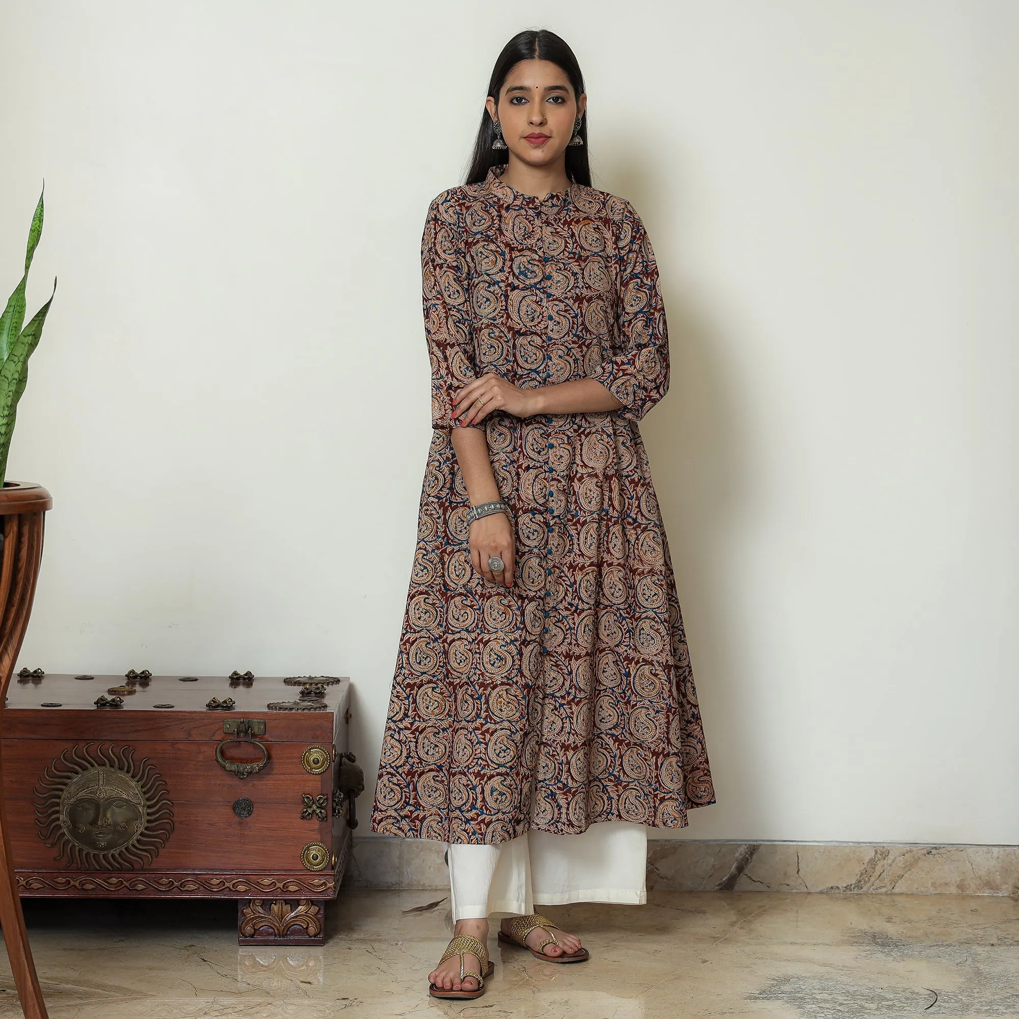 Maroon - Hand Block Print Cotton A-Line Kalamkari Kurta 23 sold by Itokri product image thumbnail 2