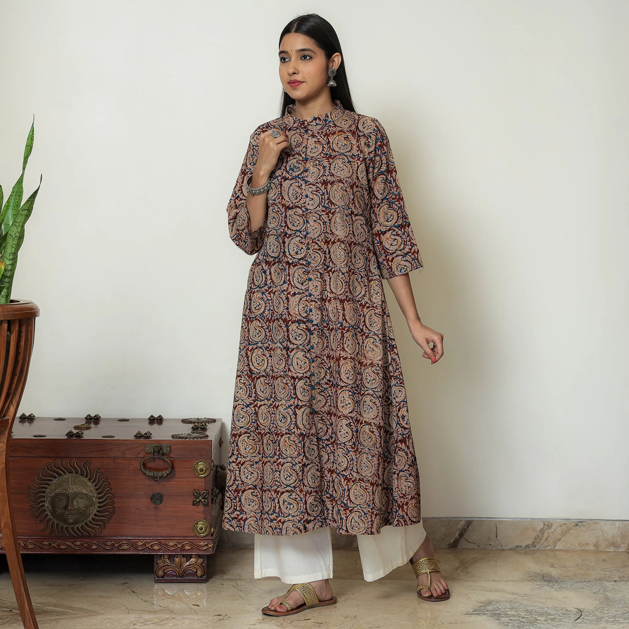 Maroon - Hand Block Print Cotton A-Line Kalamkari Kurta 23 sold by Itokri product image thumbnail 3