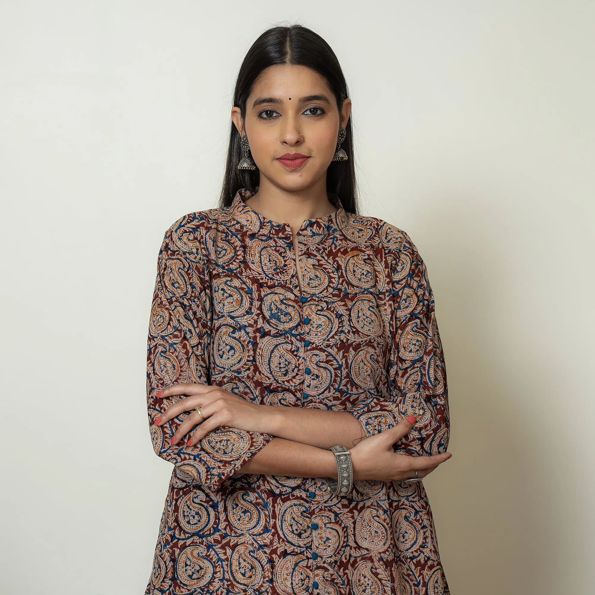 Maroon - Hand Block Print Cotton A-Line Kalamkari Kurta 23 sold by Itokri