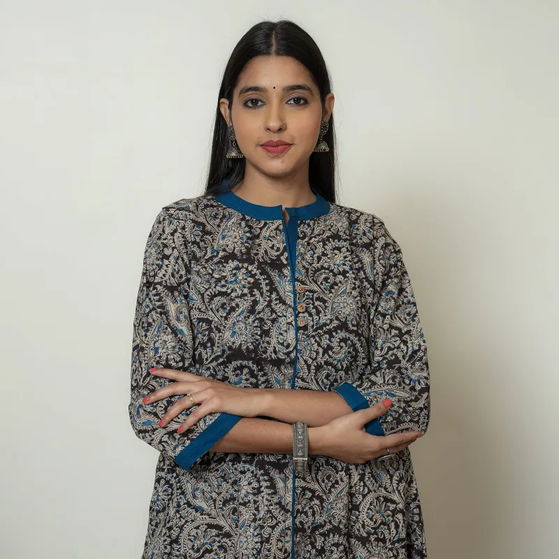Black - Block Print Cotton A-Line Kalamkari Kurta 08 made by Itokri