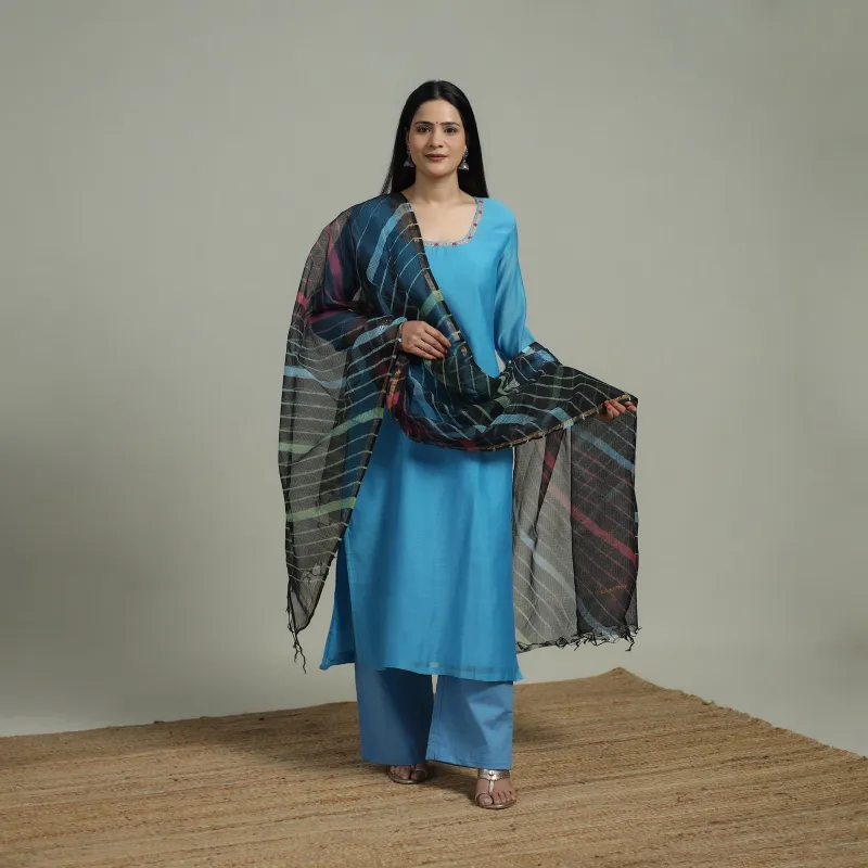 Blue - Plain Handloom Mul Chanderi Silk Hand Embroidered Suit Set with Dupatta for women 10 made by Itokri