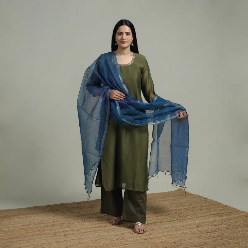 Green - Plain Handloom Mul Chanderi Silk Hand Embroidered Suit Set with Dupatta for women 08 made by Itokri