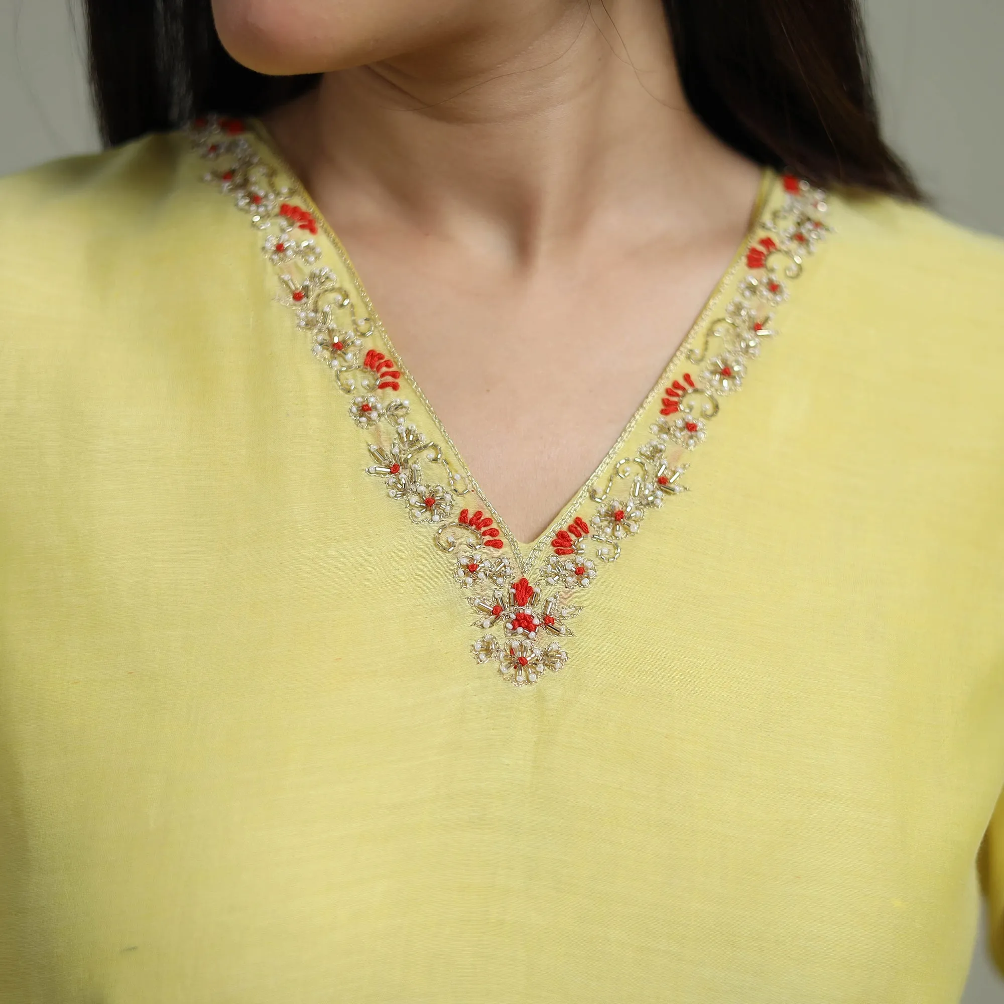 Yellow - Plain Handloom Mul Chanderi Silk Hand Embroidered Suit Set with Dupatta for women 06 sold by Itokri product image thumbnail 4