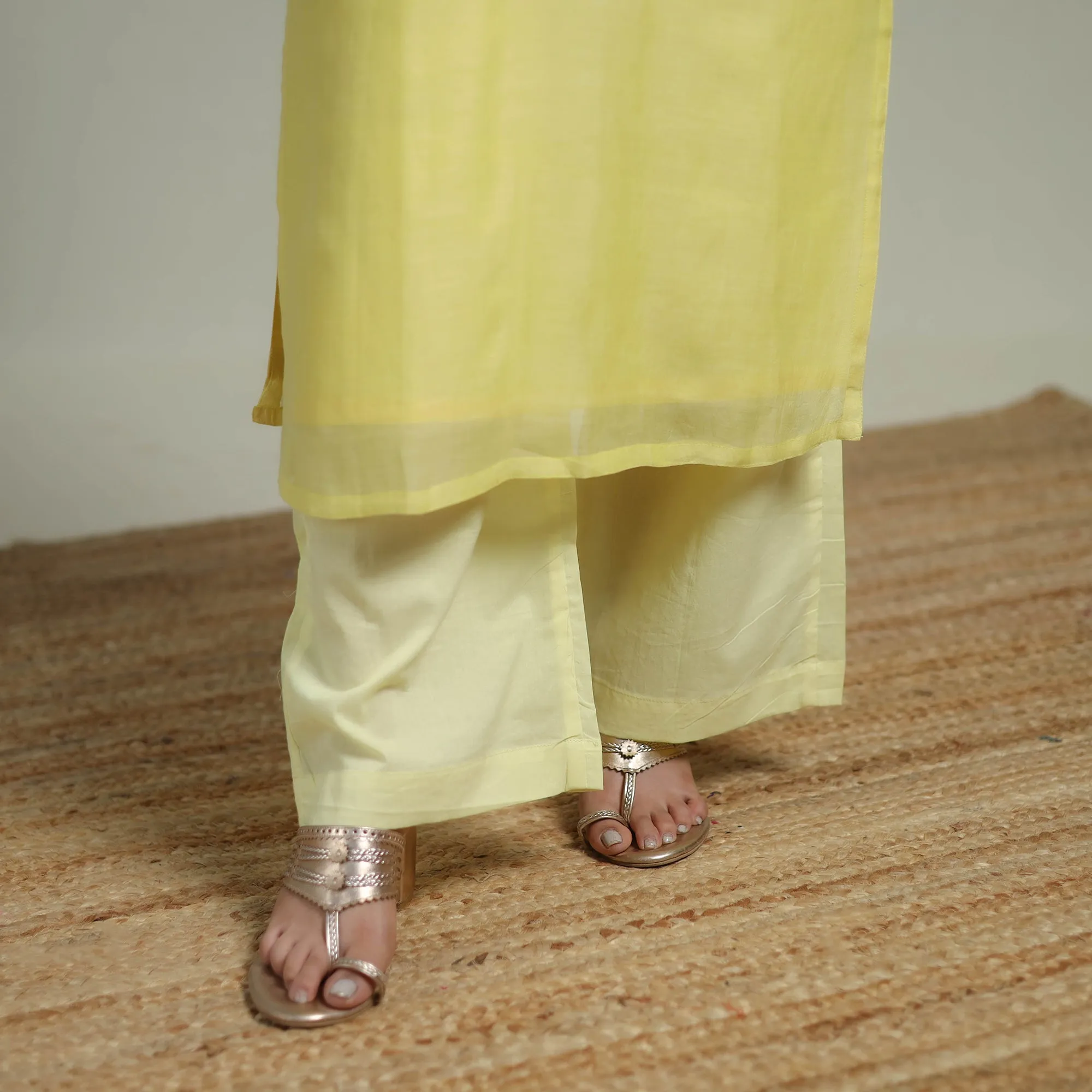 Yellow - Plain Handloom Mul Chanderi Silk Hand Embroidered Suit Set with Dupatta for women 06 sold by Itokri product image thumbnail 5