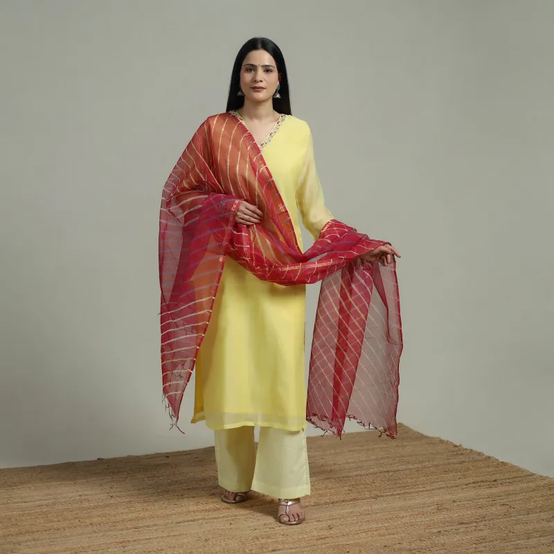 Yellow - Plain Handloom Mul Chanderi Silk Hand Embroidered Suit Set with Dupatta for women 06 made by Itokri