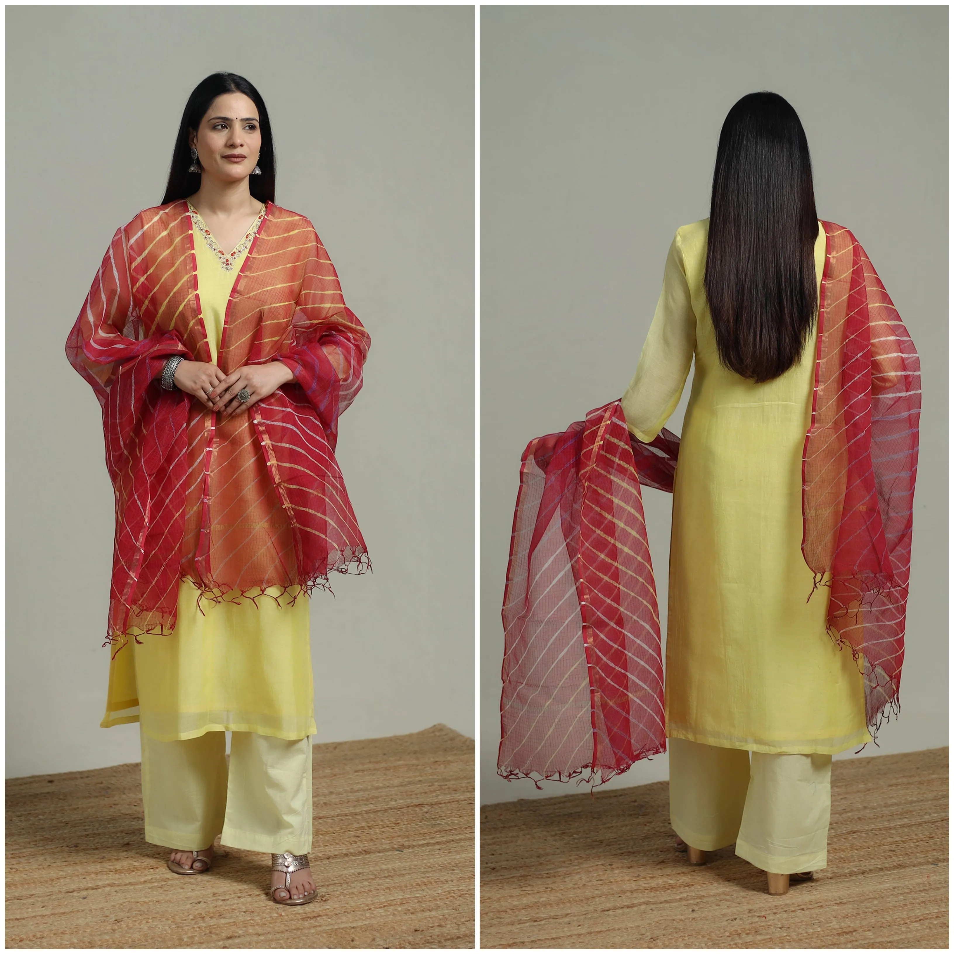 Yellow - Plain Handloom Mul Chanderi Silk Hand Embroidered Suit Set with Dupatta for women 06 sold by Itokri product image thumbnail 2
