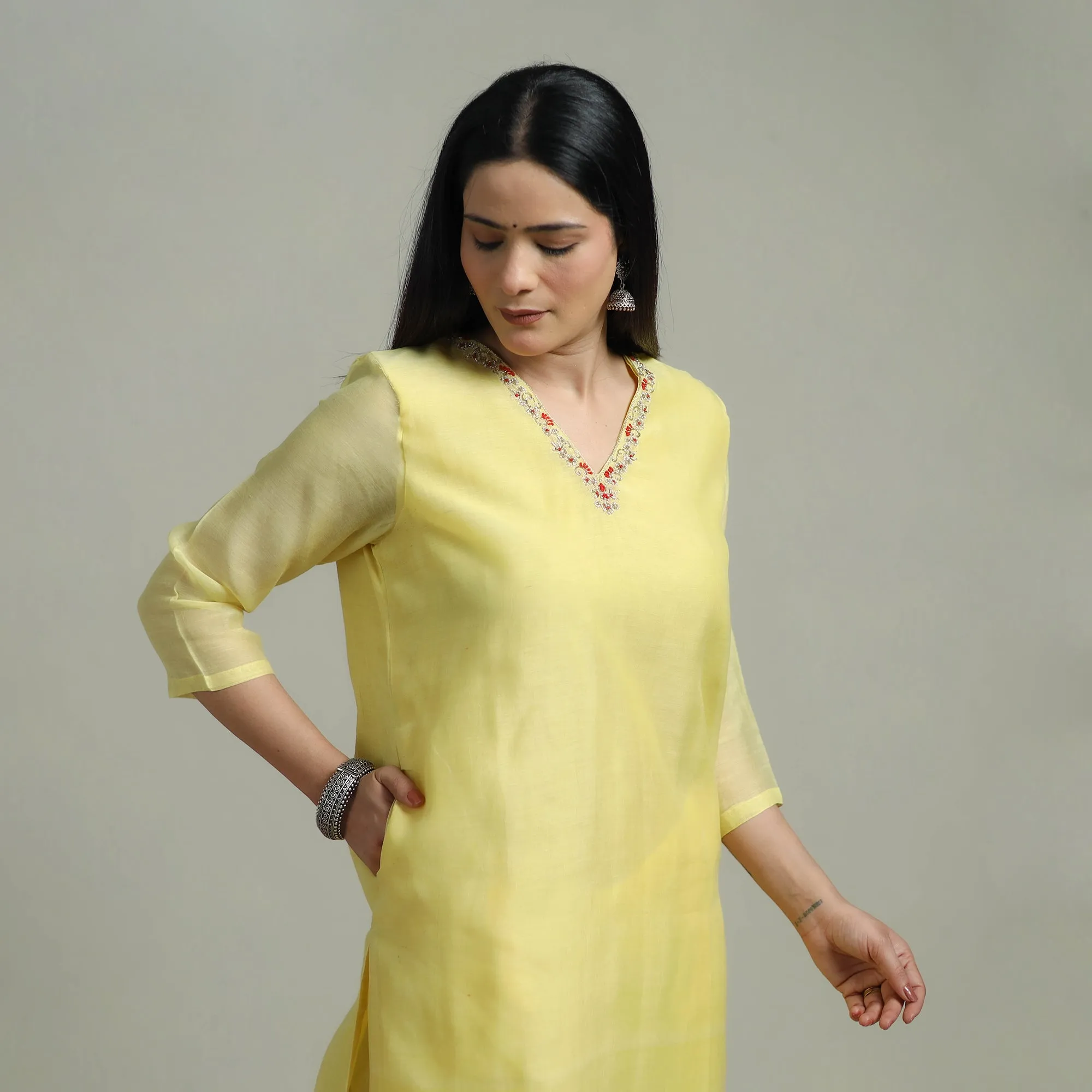 Yellow - Plain Handloom Mul Chanderi Silk Hand Embroidered Suit Set with Dupatta for women 06 sold by Itokri product image thumbnail 3