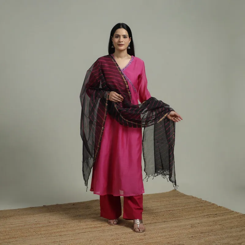 Pink - Plain Handloom Mul Chanderi Silk Hand Embroidered Suit Set with Dupatta for women 03 made by Itokri