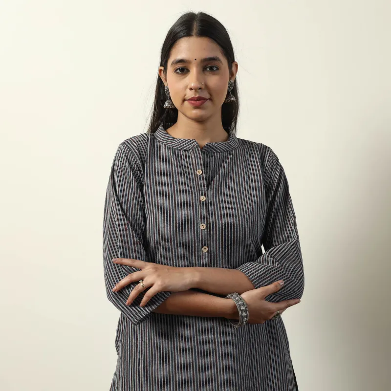 Grey - Jhiri Handloom Cotton Straight Long Kurta made by Itokri