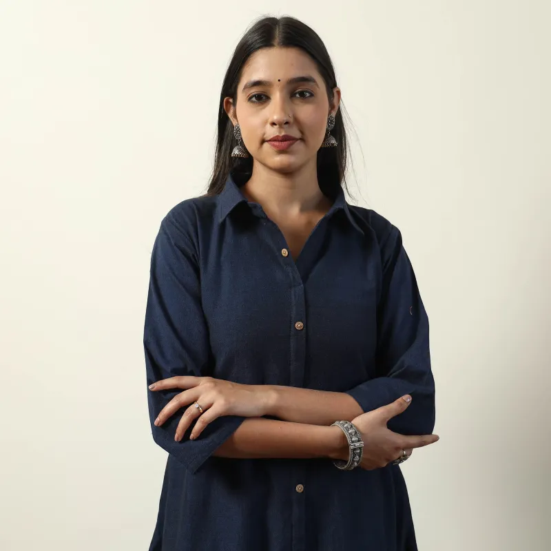 Navy Blue - Jhiri Handloom Cotton A-Line Long Kurta made by Itokri