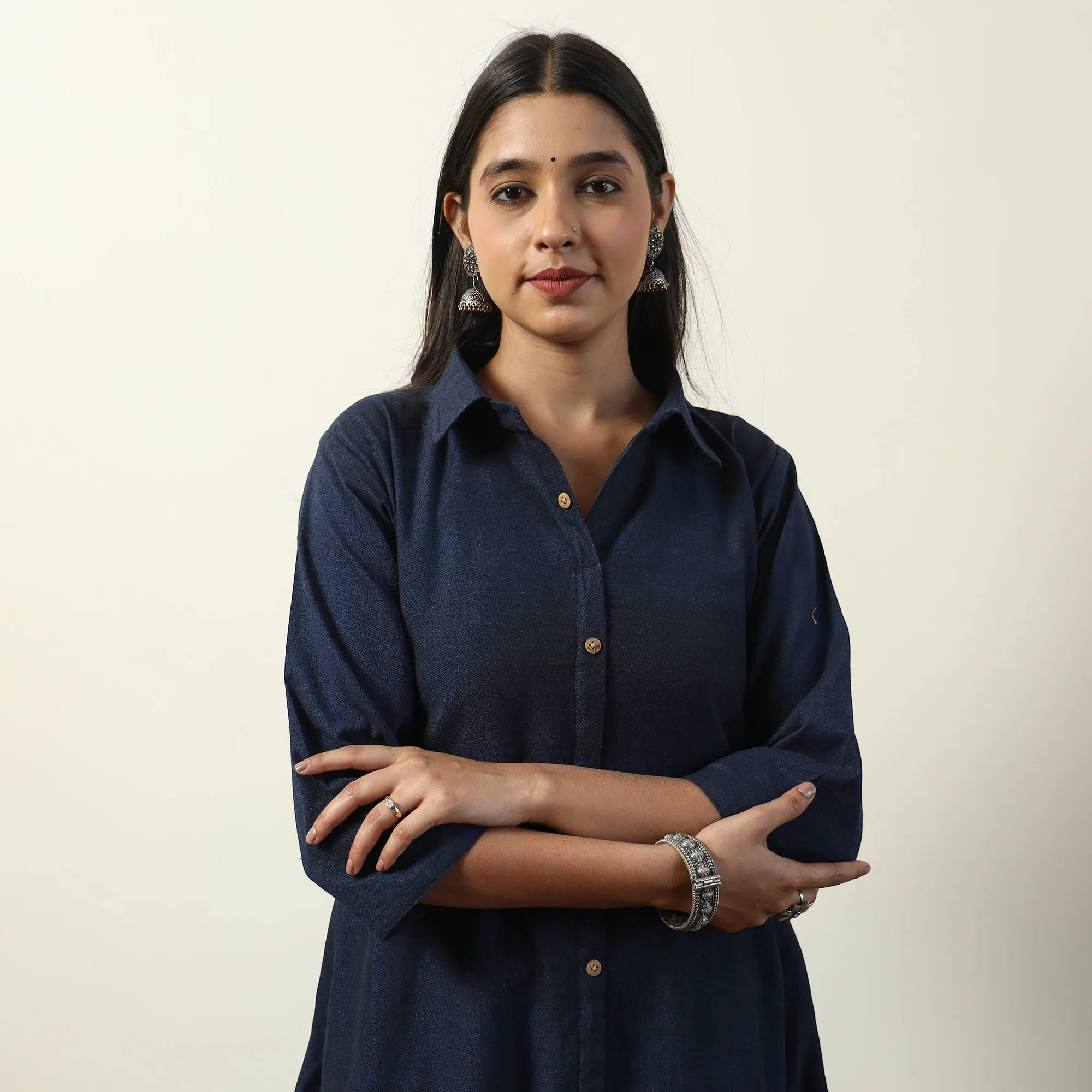Navy Blue - Jhiri Handloom Cotton A-Line Long Kurta sold by Itokri