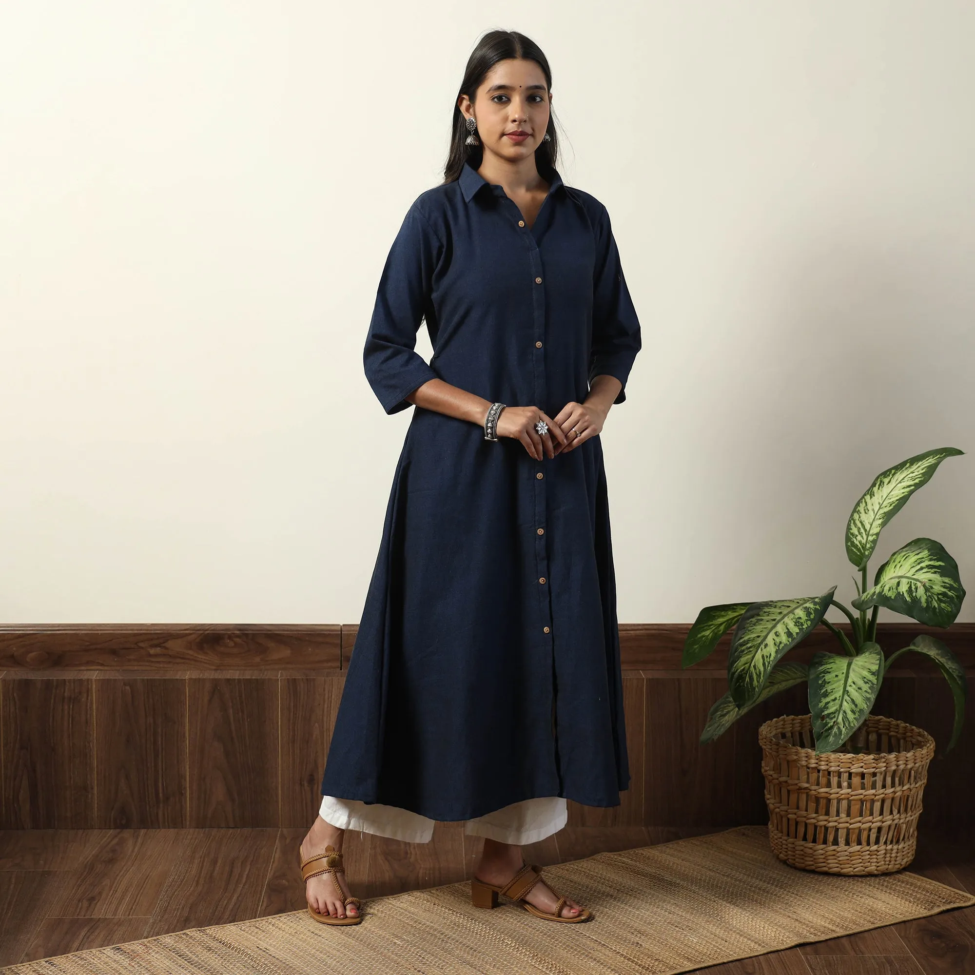 Navy Blue - Jhiri Handloom Cotton A-Line Long Kurta sold by Itokri product image thumbnail 2