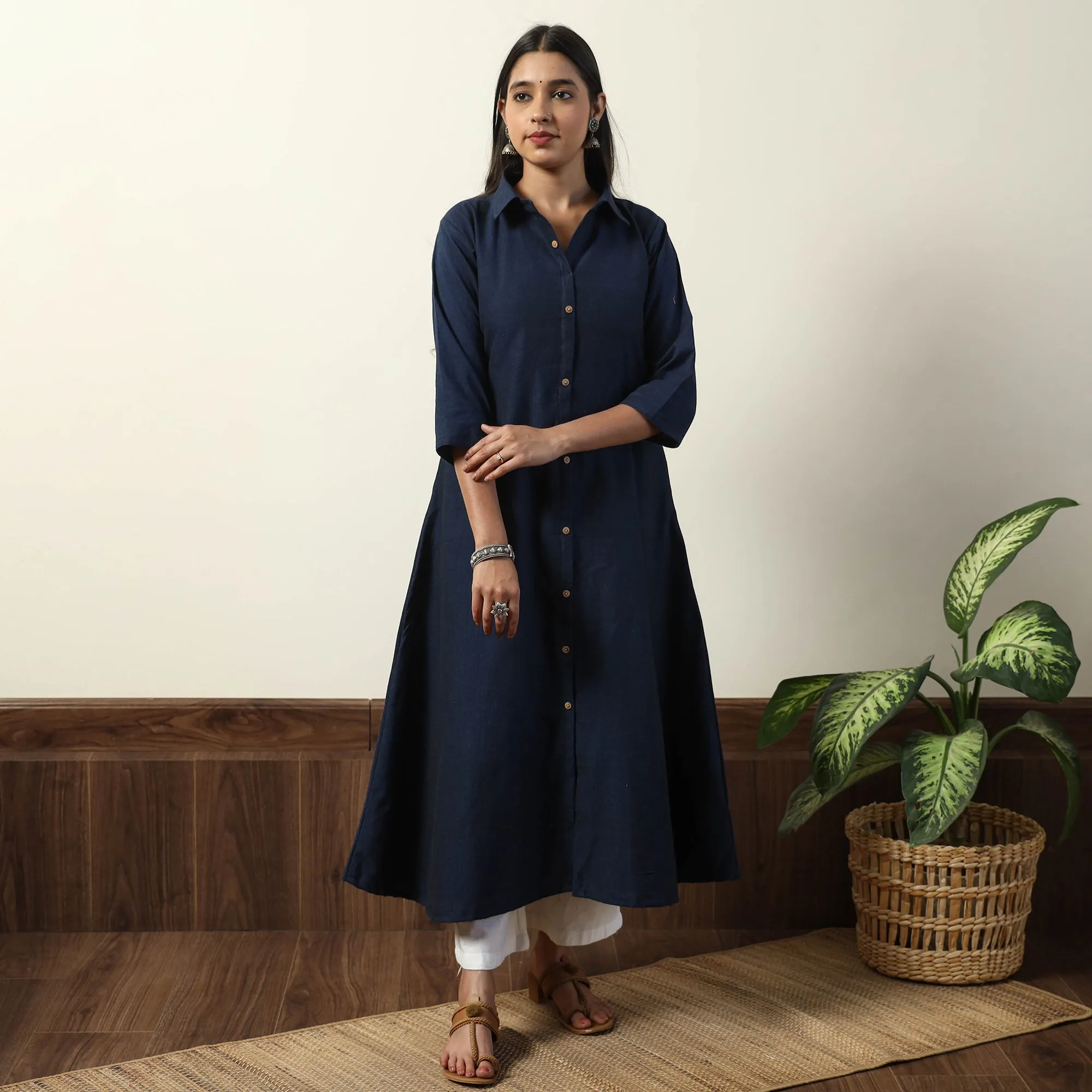 Navy Blue - Jhiri Handloom Cotton A-Line Long Kurta sold by Itokri product image thumbnail 3