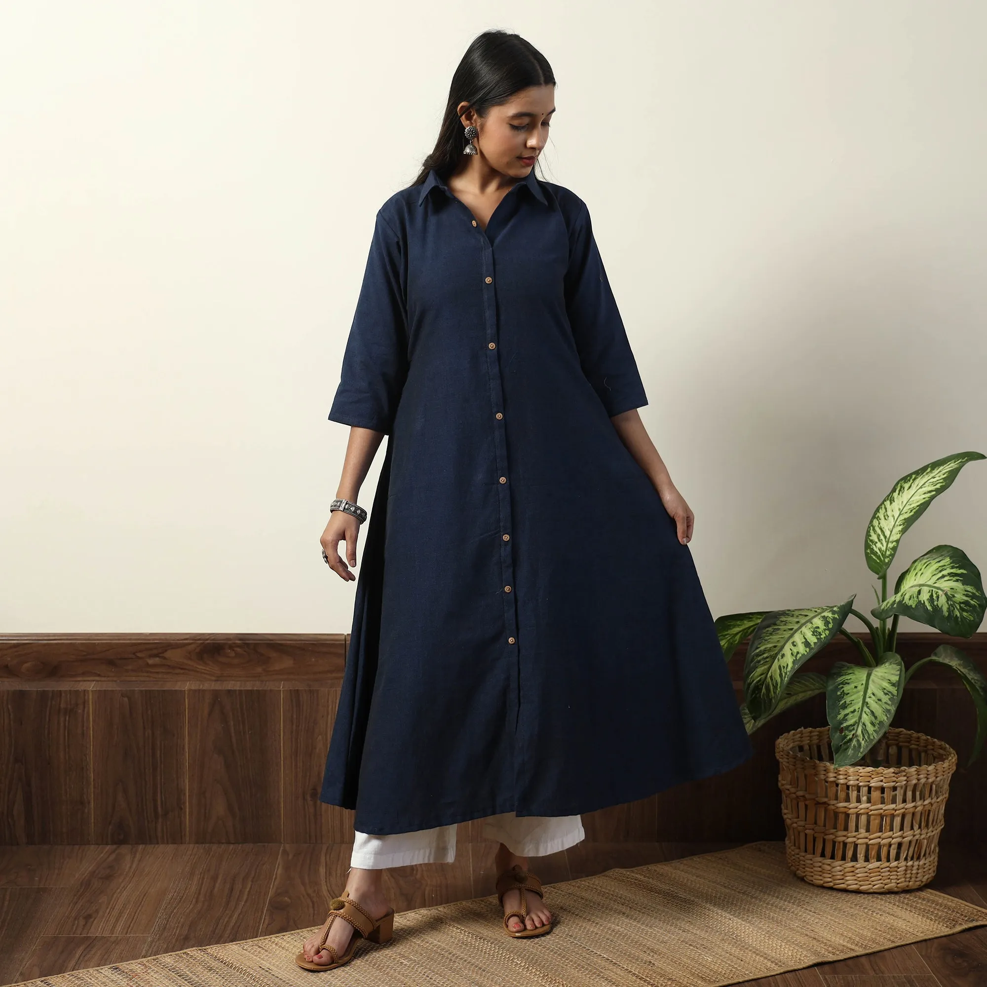 Navy Blue - Jhiri Handloom Cotton A-Line Long Kurta sold by Itokri product image thumbnail 4