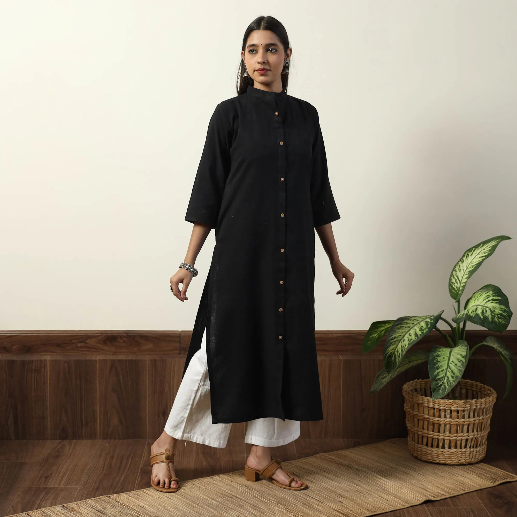Black - Jhiri Handloom Cotton Straight Long Kurta sold by Itokri product image thumbnail 3