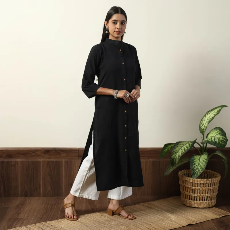 Black - Jhiri Handloom Cotton Straight Long Kurta made by Itokri