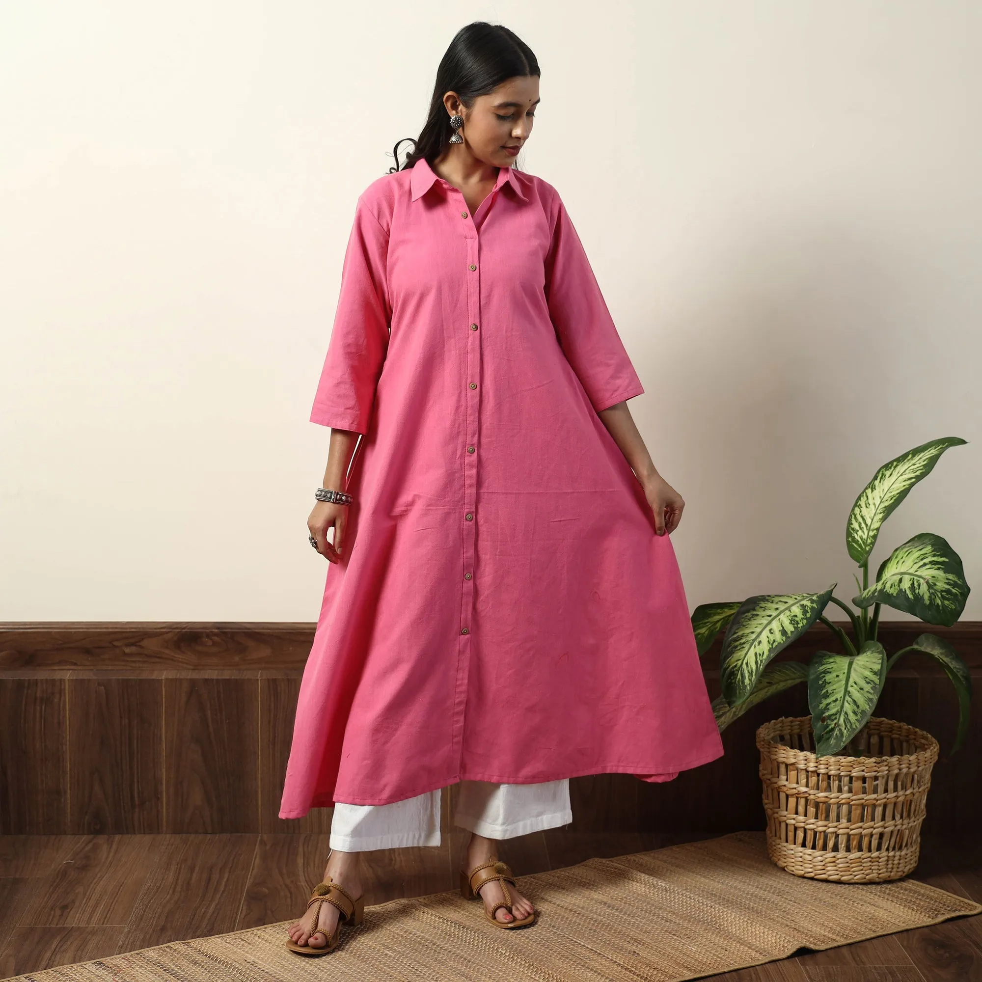 Pink - Jhiri Handloom Cotton A-Line Long Kurta sold by Itokri product image thumbnail 4