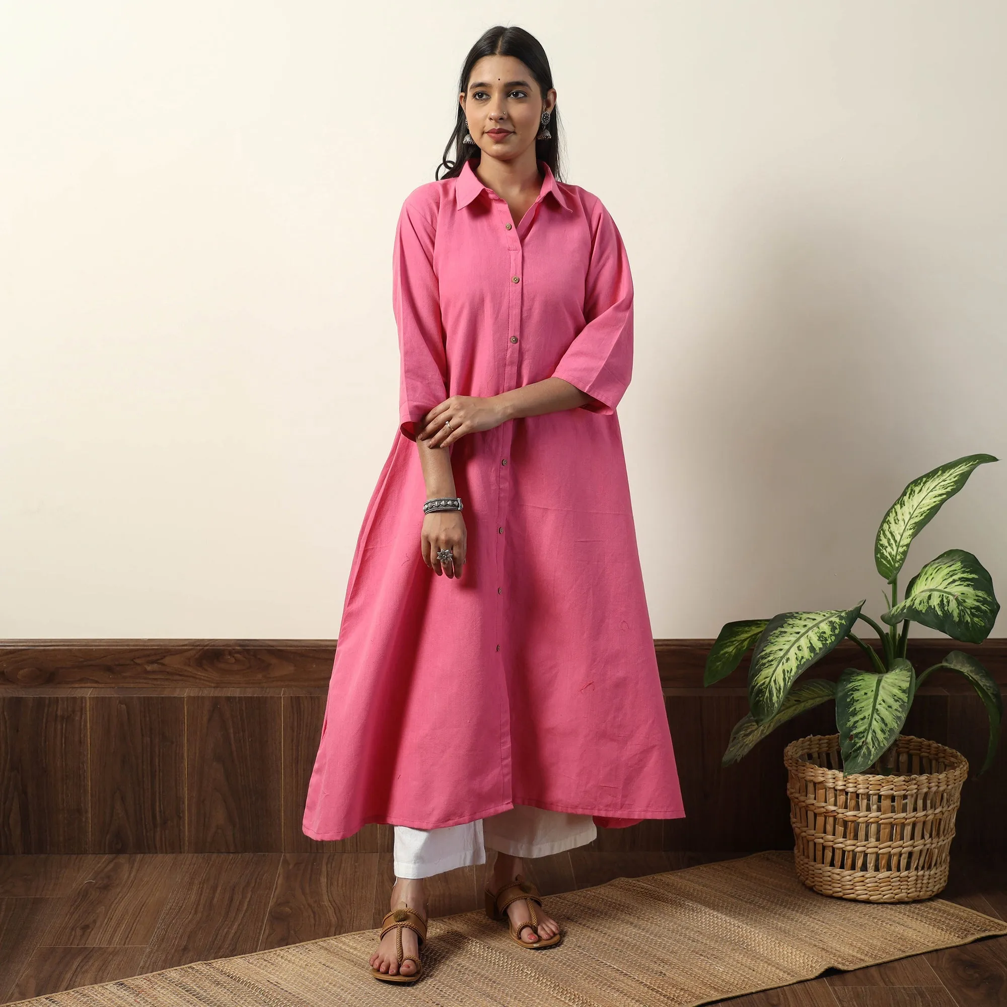 Pink - Jhiri Handloom Cotton A-Line Long Kurta sold by Itokri product image thumbnail 3