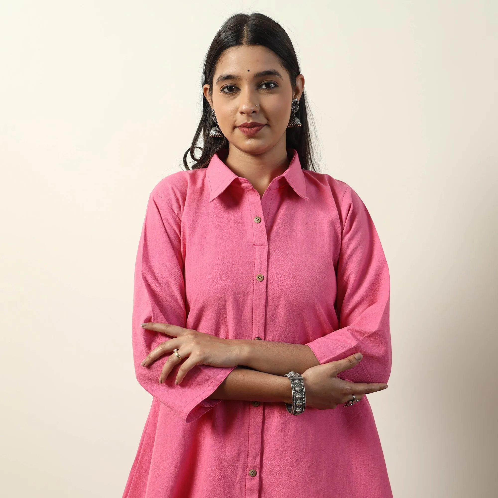 Pink - Jhiri Handloom Cotton A-Line Long Kurta sold by Itokri