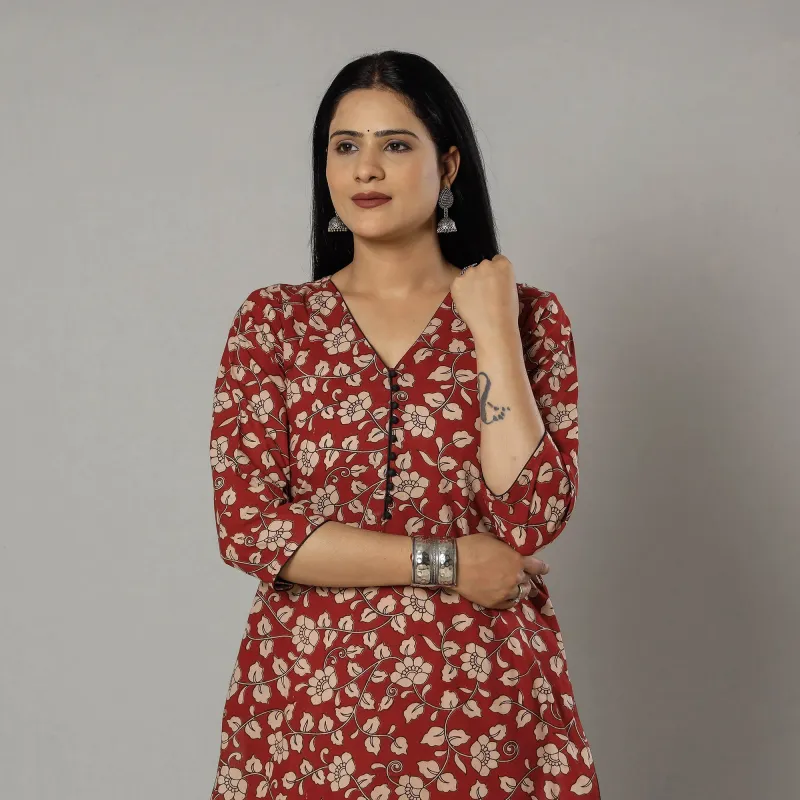 Indian Red Kalamkari Printed Cotton Kurti made by Itokri