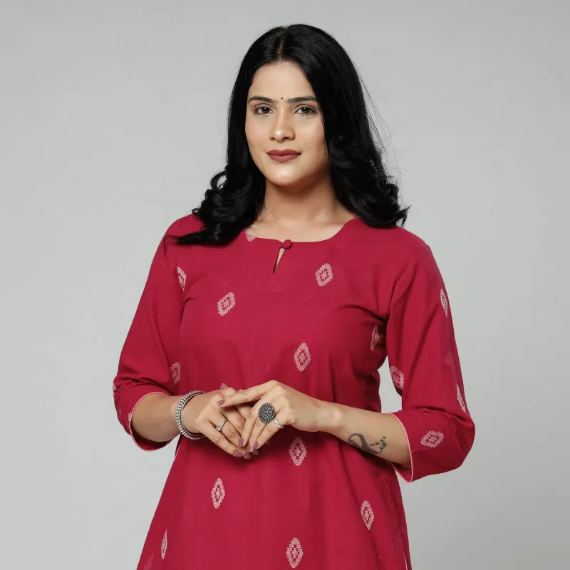 Dark Pink Jacquard Cotton Long Kurti made by Itokri