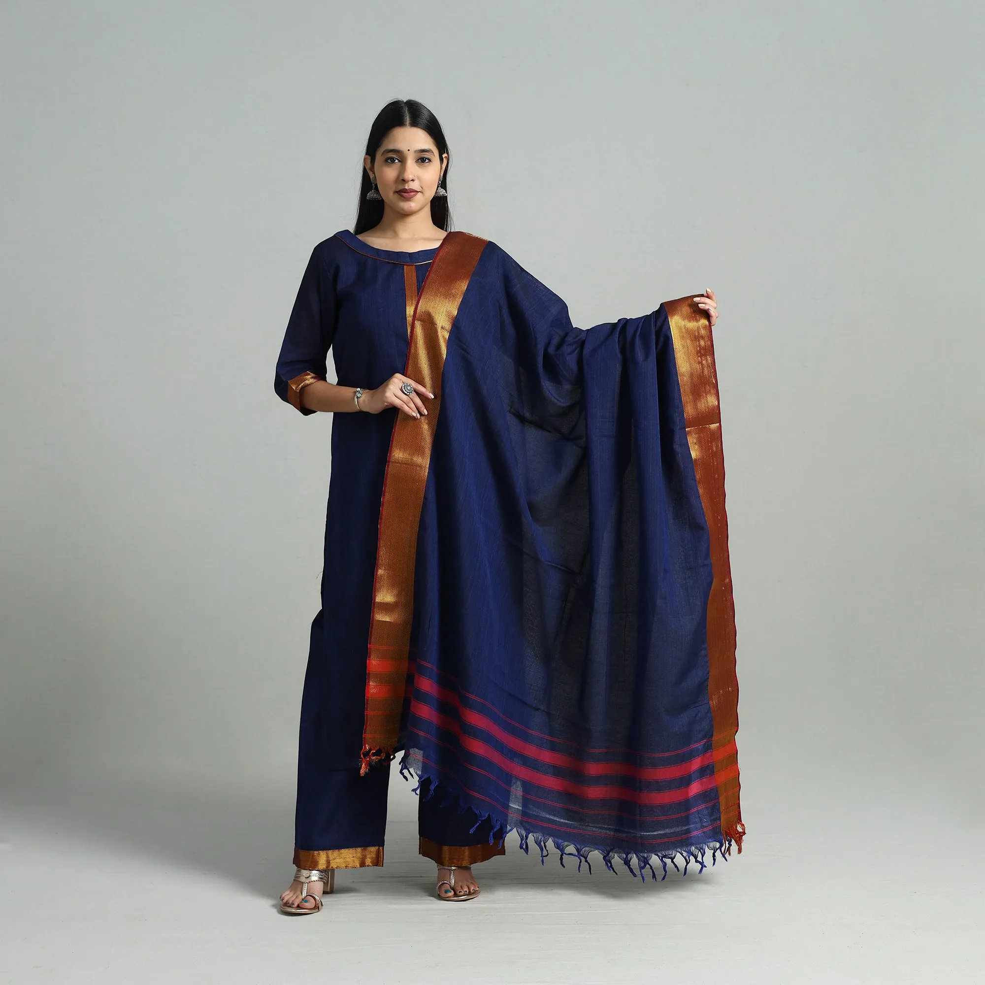 Blue - Cotton Dharwad Kurta Set with Palazzo & Dupatta 11 sold by Itokri product image thumbnail 2