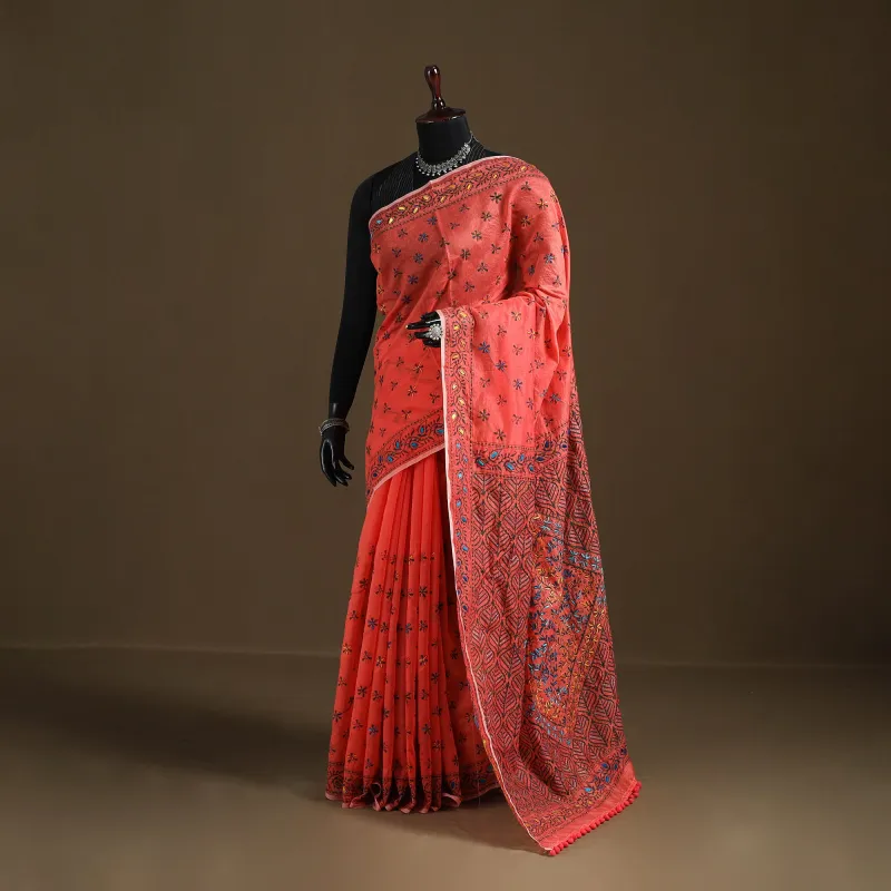 Orange - Phulkari Hand Embroidered Chanderi Silk Chapa Work Saree 29 made by Itokri