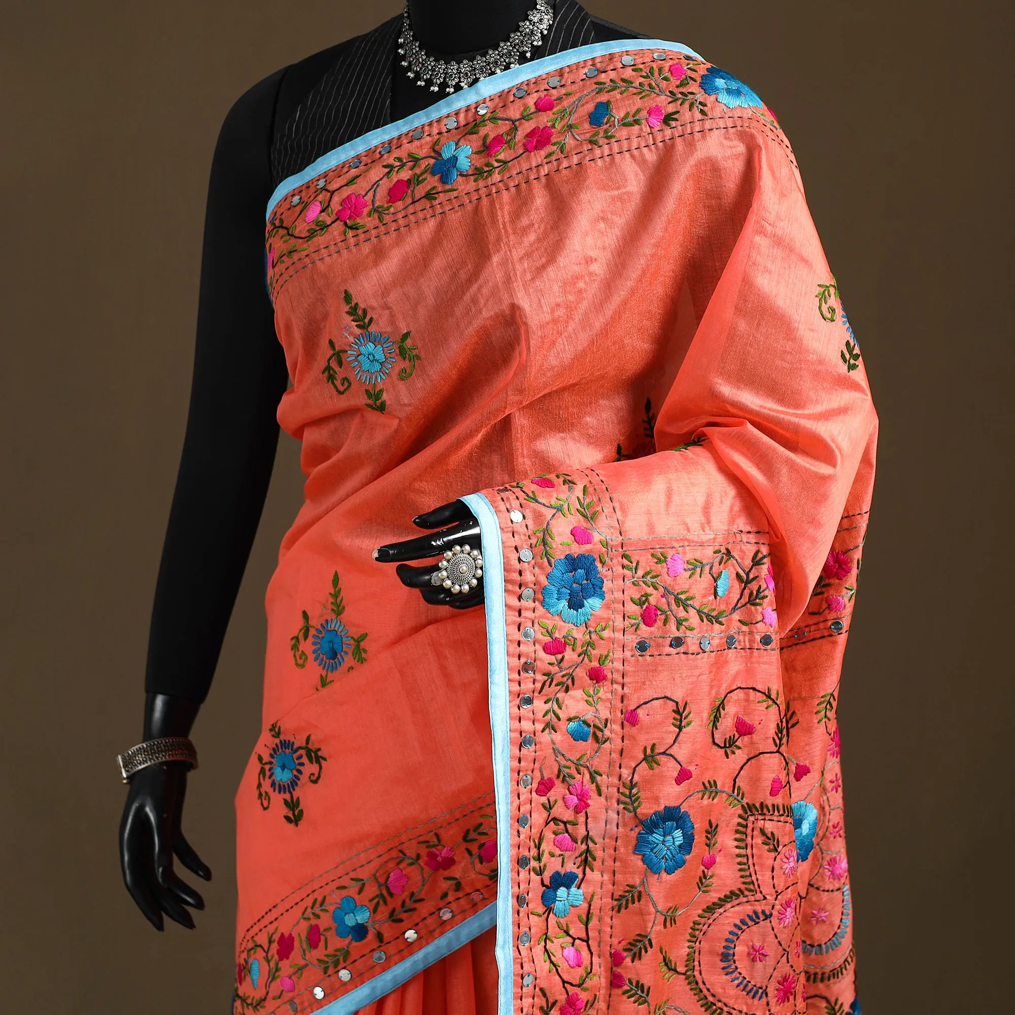 Orange - Phulkari Hand Embroidered Chanderi Silk Chapa Work Saree 28 sold by Itokri product image thumbnail 2