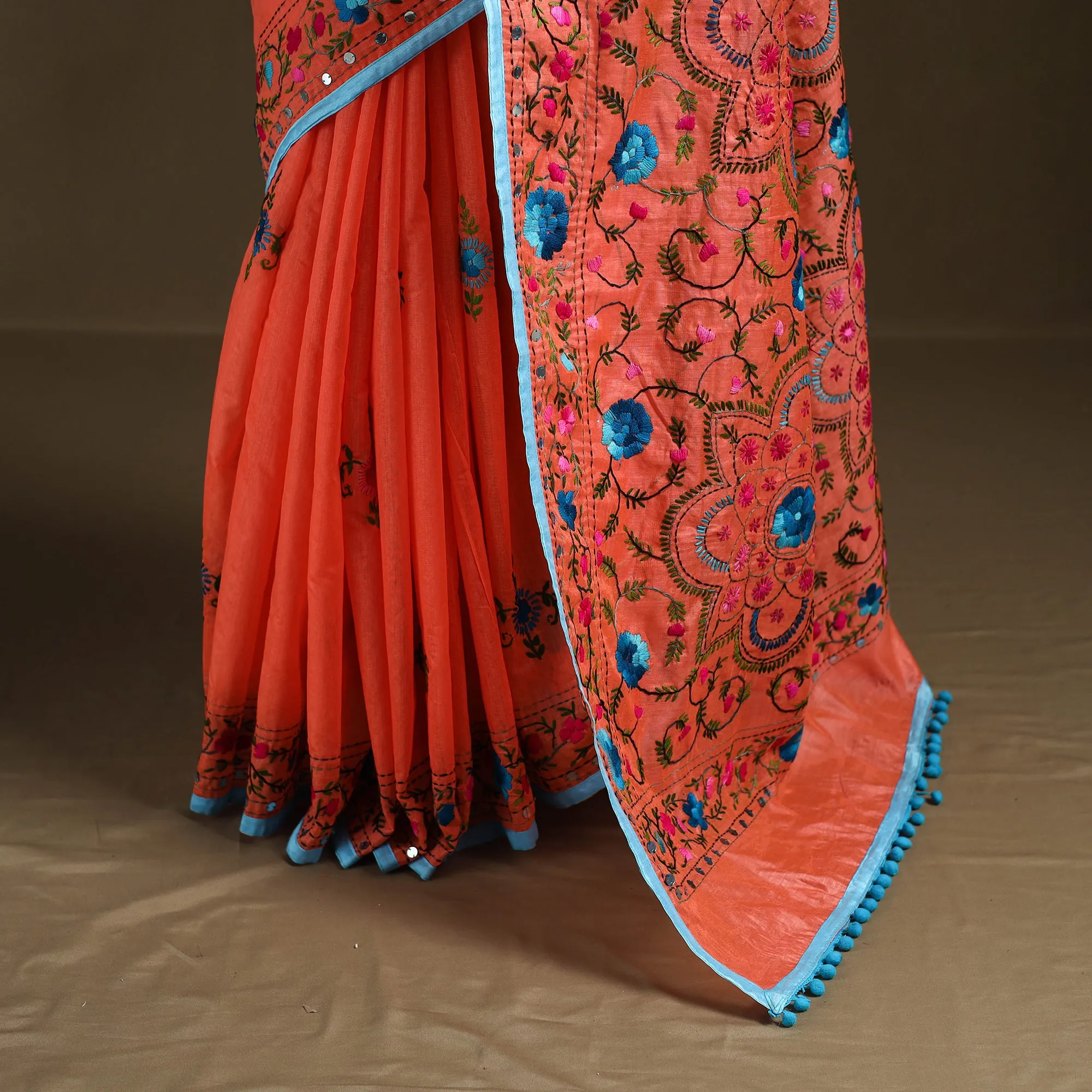 Orange - Phulkari Hand Embroidered Chanderi Silk Chapa Work Saree 28 sold by Itokri product image thumbnail 3