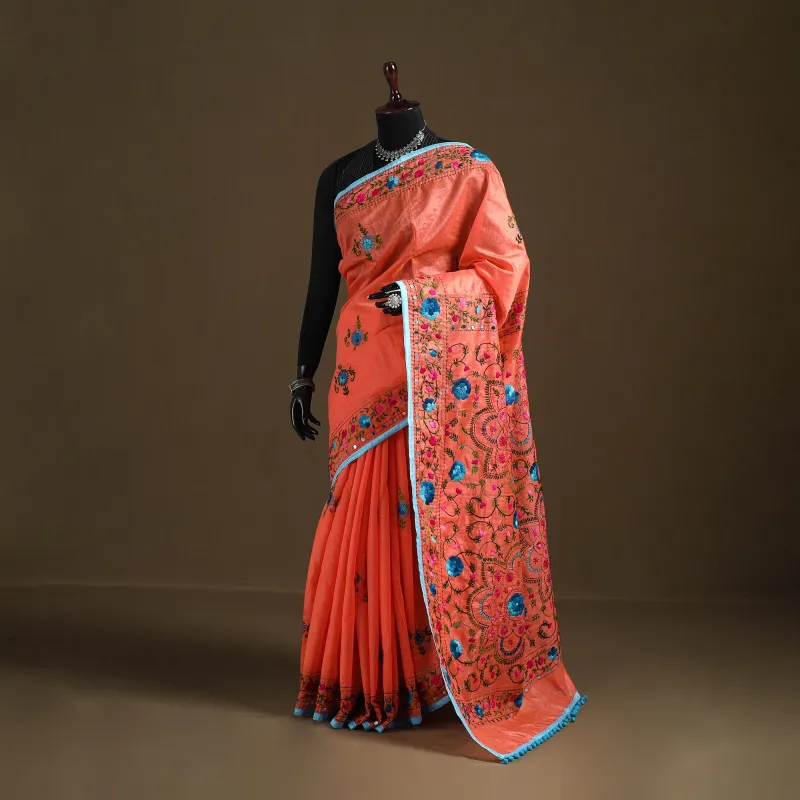Orange - Phulkari Hand Embroidered Chanderi Silk Chapa Work Saree 28 made by Itokri