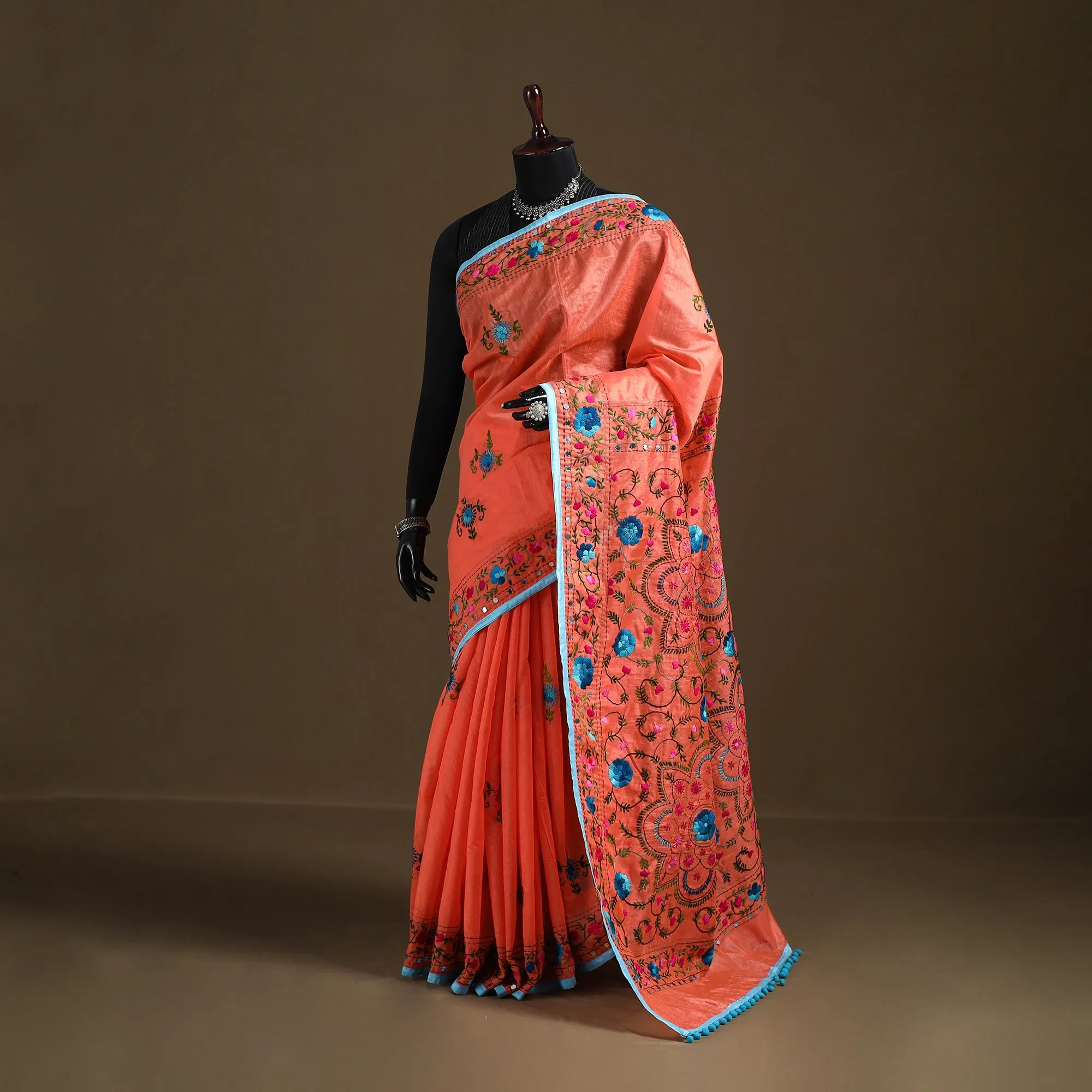 Orange - Phulkari Hand Embroidered Chanderi Silk Chapa Work Saree 28 sold by Itokri