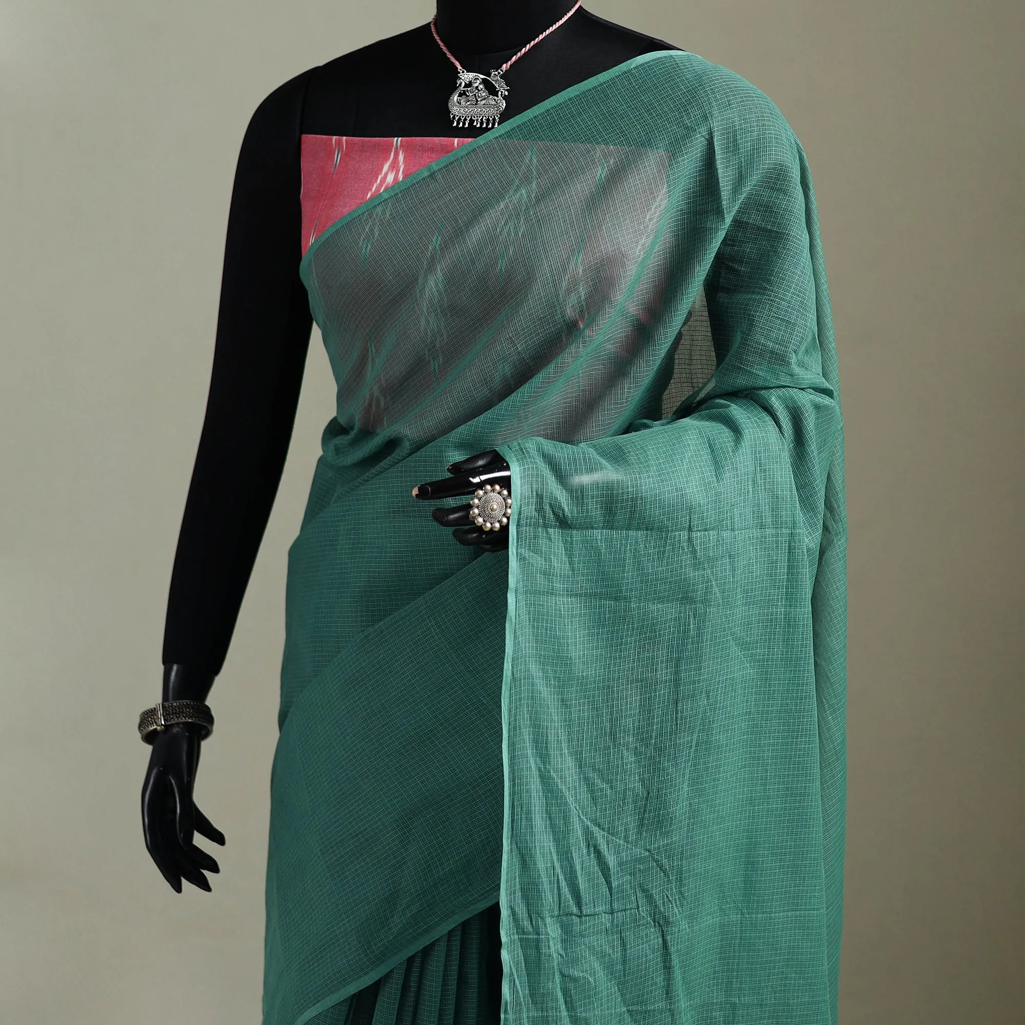 Green - Nazaakat Kota Doria Cotton Plain Saree with Blouse & Jewellery Set 121 sold by Itokri product image thumbnail 2