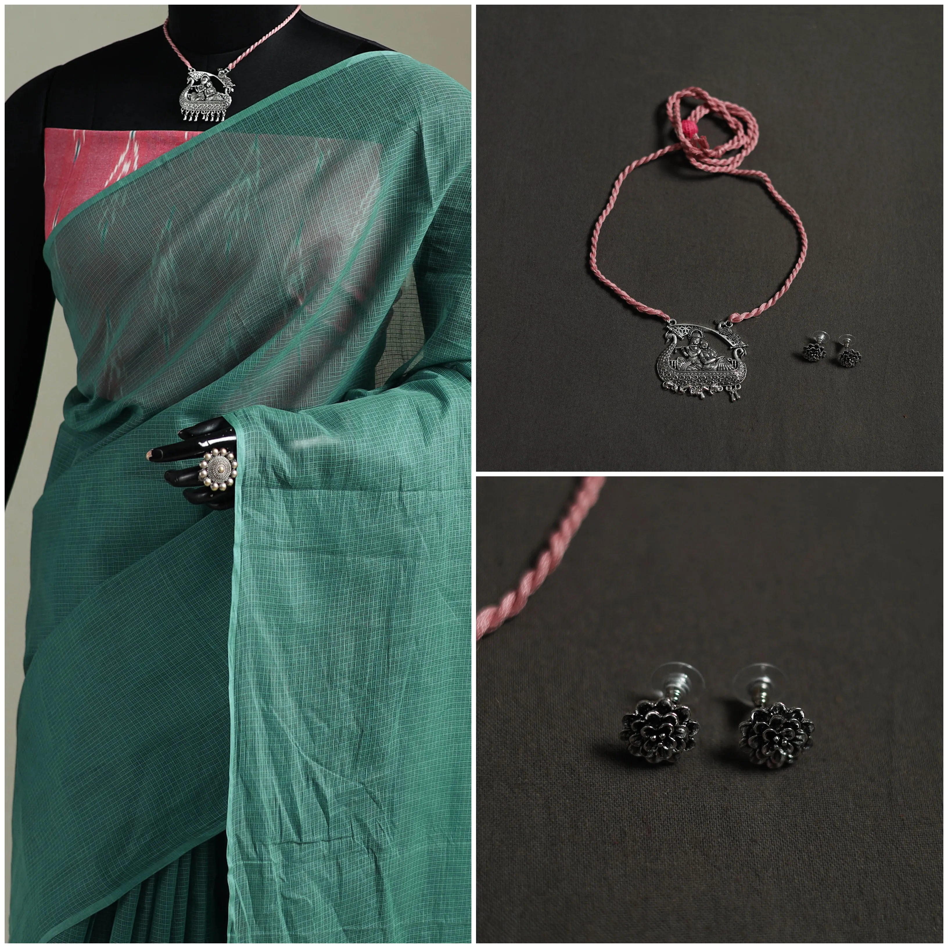 Green - Nazaakat Kota Doria Cotton Plain Saree with Blouse & Jewellery Set 121 sold by Itokri product image thumbnail 3