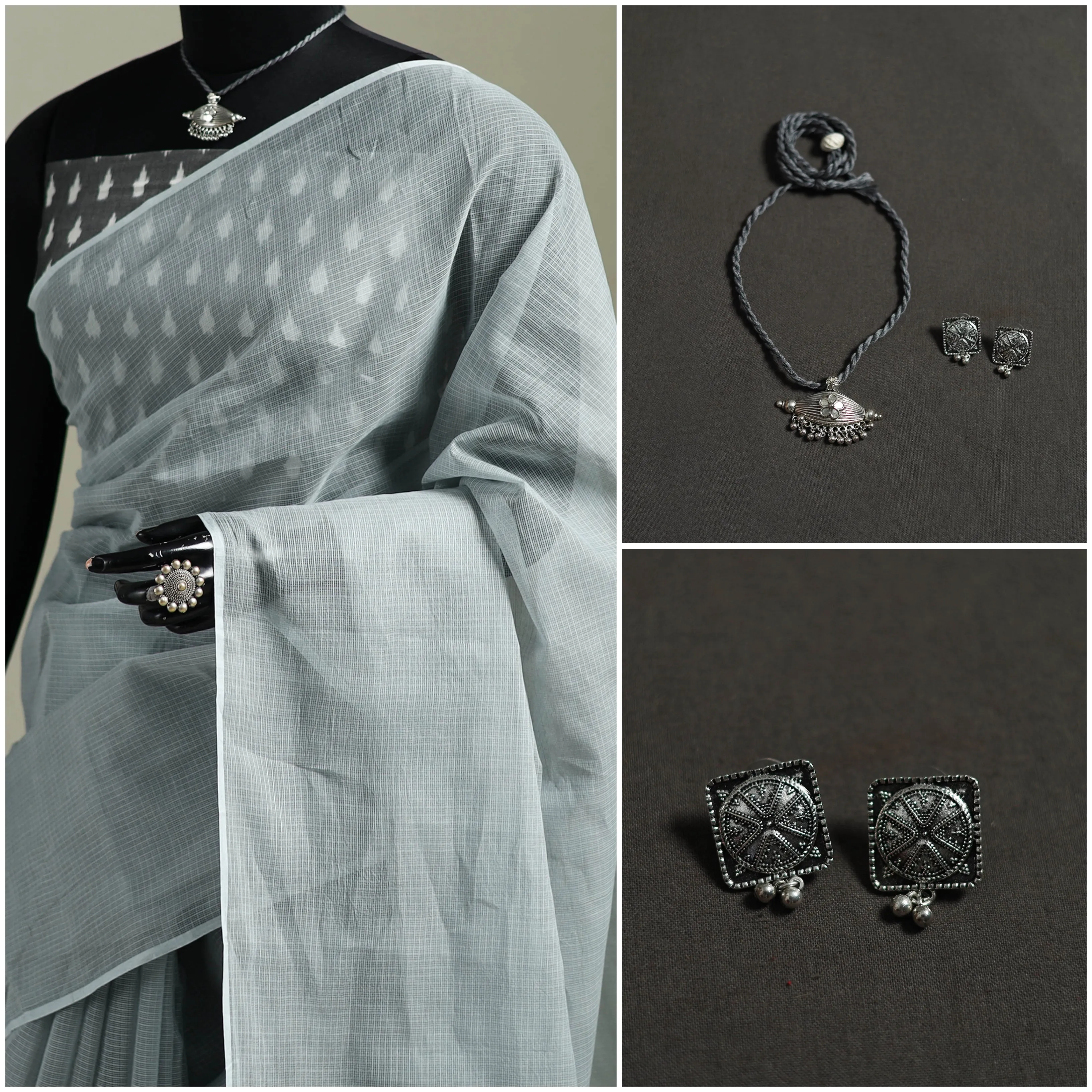 Grey - Nazaakat Kota Doria Cotton Plain Saree with Blouse & Jewellery Set 191 sold by Itokri product image thumbnail 3