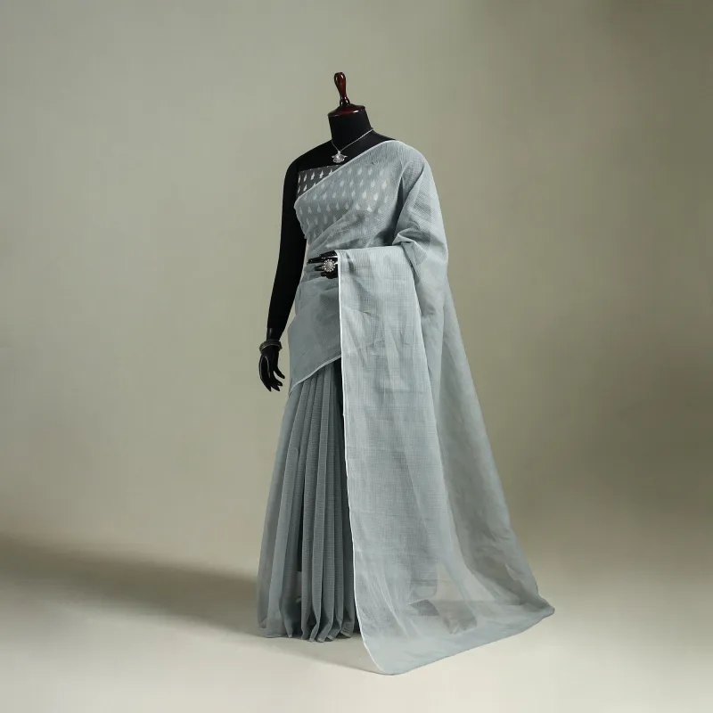 Grey - Nazaakat Kota Doria Cotton Plain Saree with Blouse & Jewellery Set 191 made by Itokri
