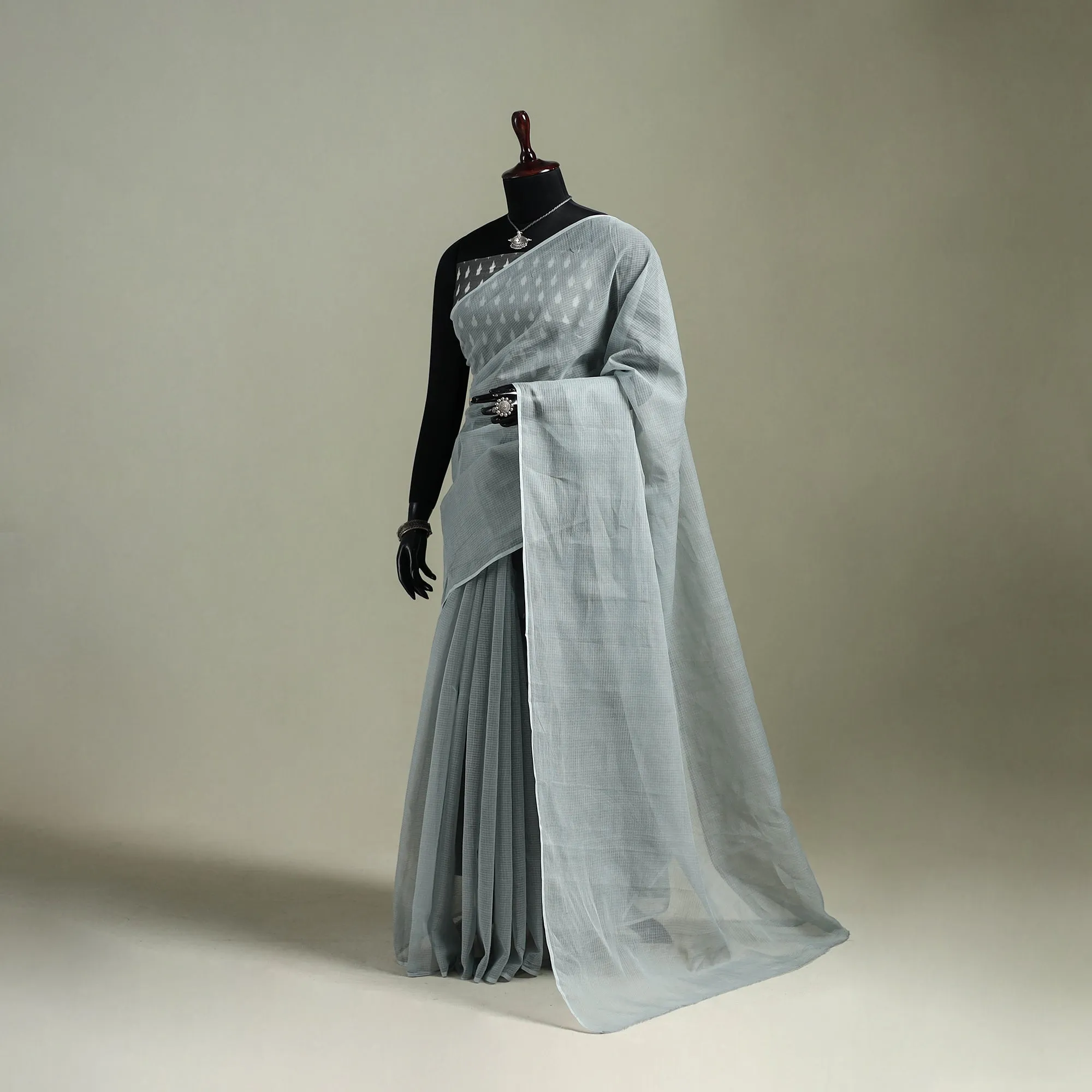 Grey - Nazaakat Kota Doria Cotton Plain Saree with Blouse & Jewellery Set 191 sold by Itokri