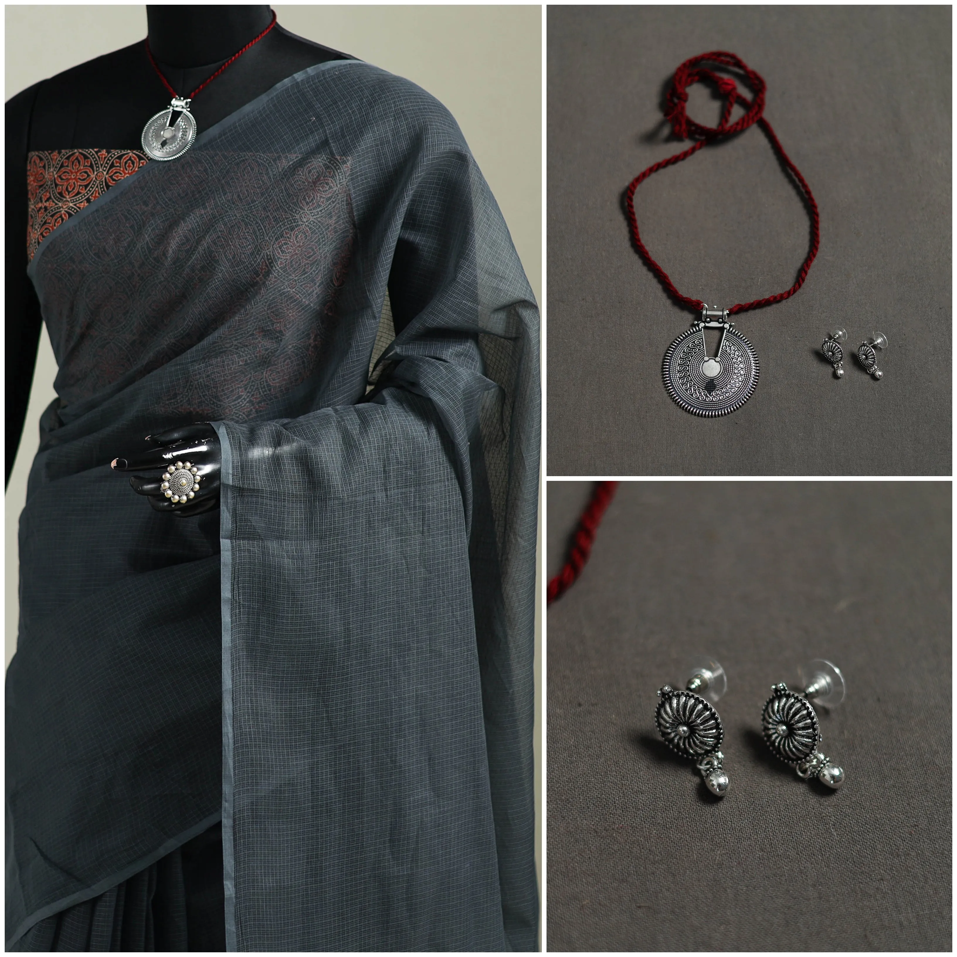 Grey - Nazaakat Kota Doria Cotton Plain Saree with Blouse & Jewellery Set 118 sold by Itokri product image thumbnail 3