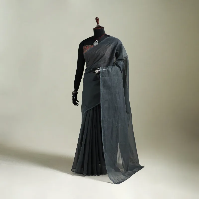 Grey - Nazaakat Kota Doria Cotton Plain Saree with Blouse & Jewellery Set 118 made by Itokri