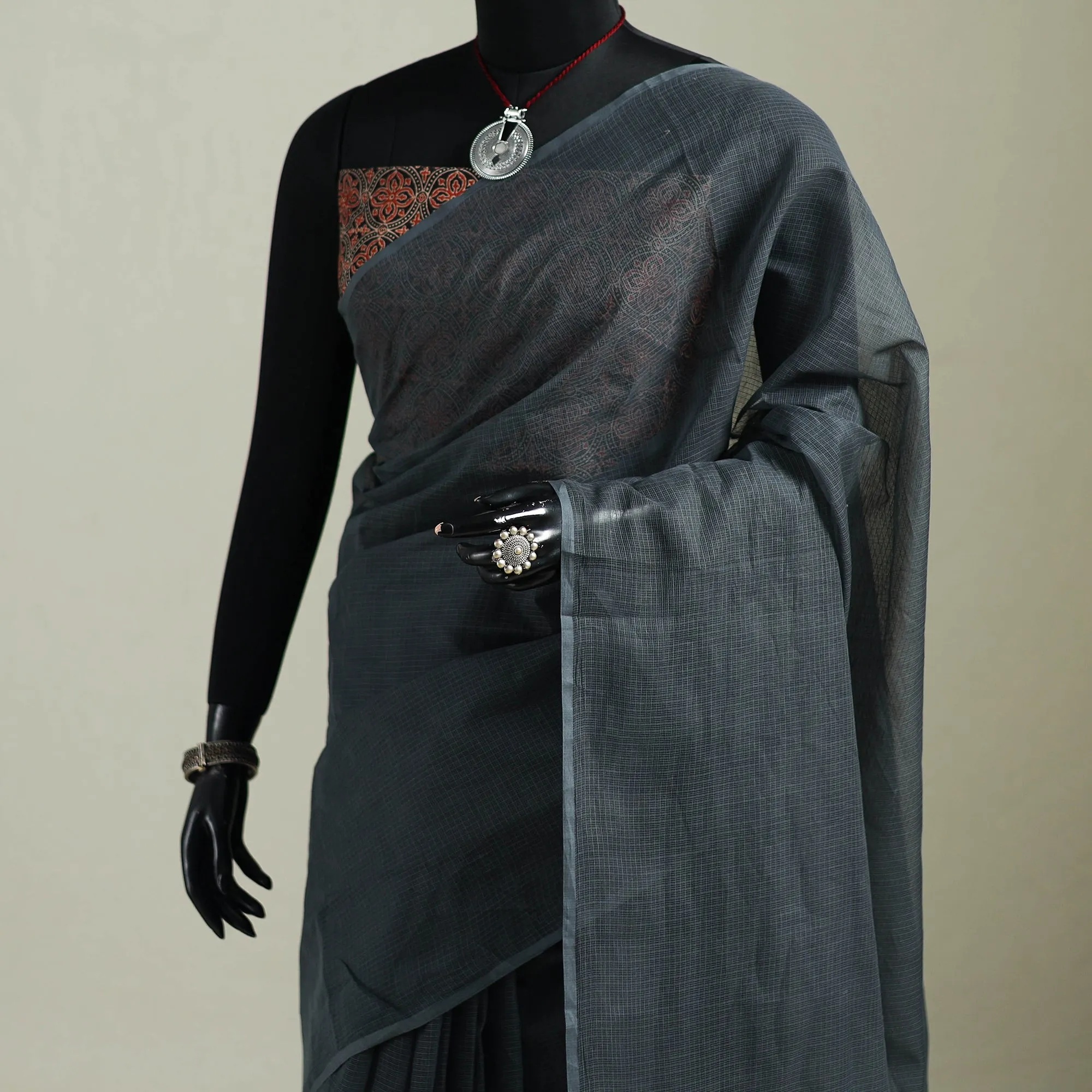 Grey - Nazaakat Kota Doria Cotton Plain Saree with Blouse & Jewellery Set 118 sold by Itokri product image thumbnail 2